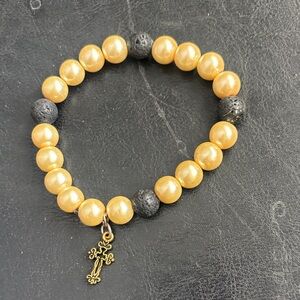 Gold and Black lava rock Beaded Bracelet with Cross Charm